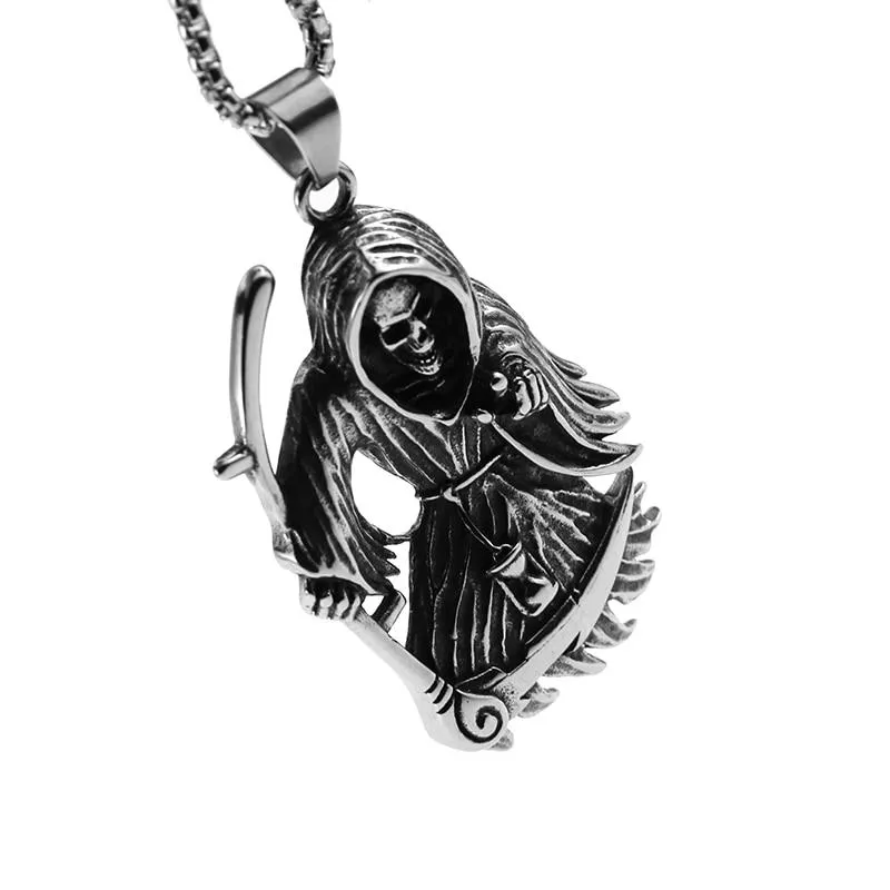 Dark Silver Grim Reaper Pendant Chain Necklace