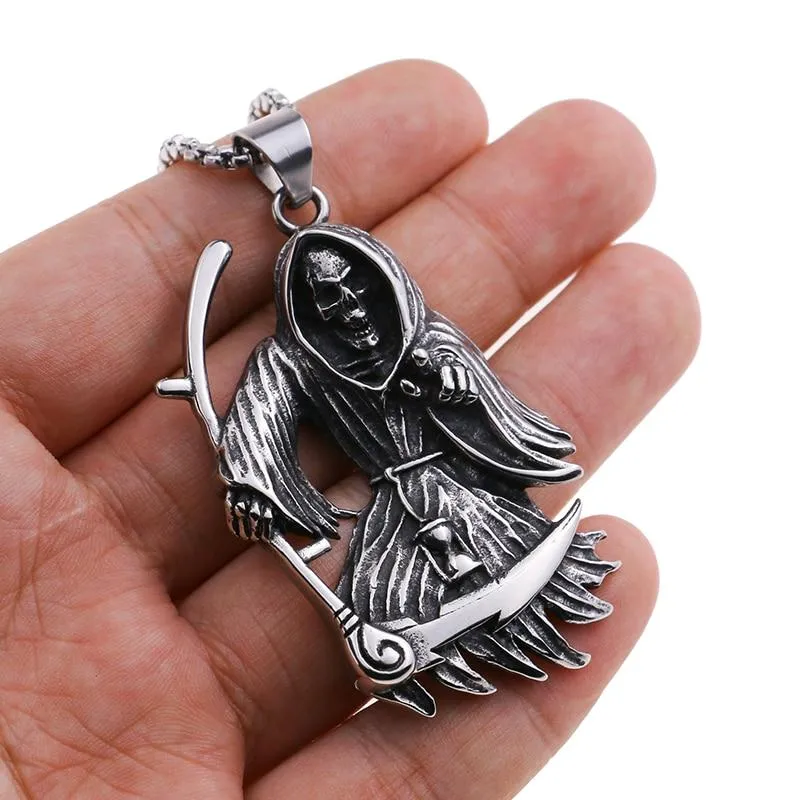 Dark Silver Grim Reaper Pendant Chain Necklace