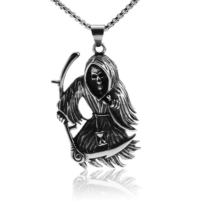 Dark Silver Grim Reaper Pendant Chain Necklace