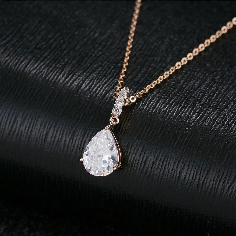 Elegant Water Drop CZ Crystal Pendant Rose Gold Chain Necklace