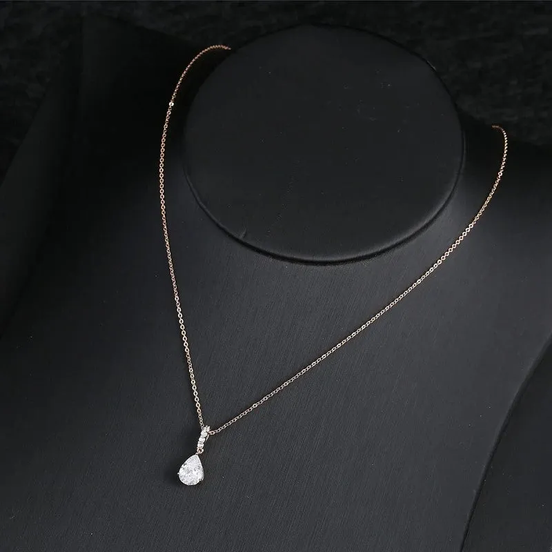 Elegant Water Drop CZ Crystal Pendant Rose Gold Chain Necklace