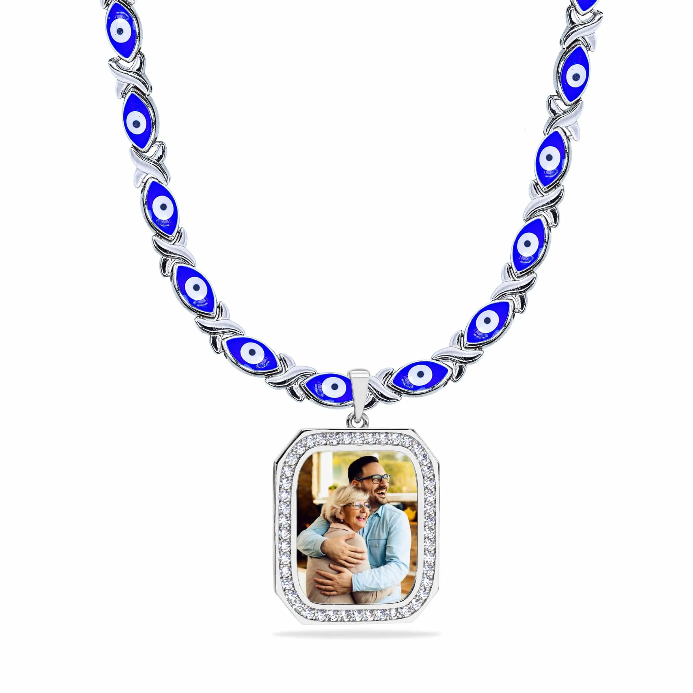 Evil Eye Xo Chain Square Photo Pendant with Stones