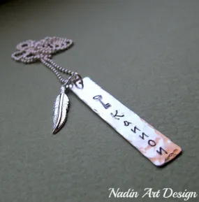 Feather Charm Hand Stamped Tag Necklace