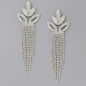 Flower Rhinestone Chandelier Drop Earrings (Color: Silver)