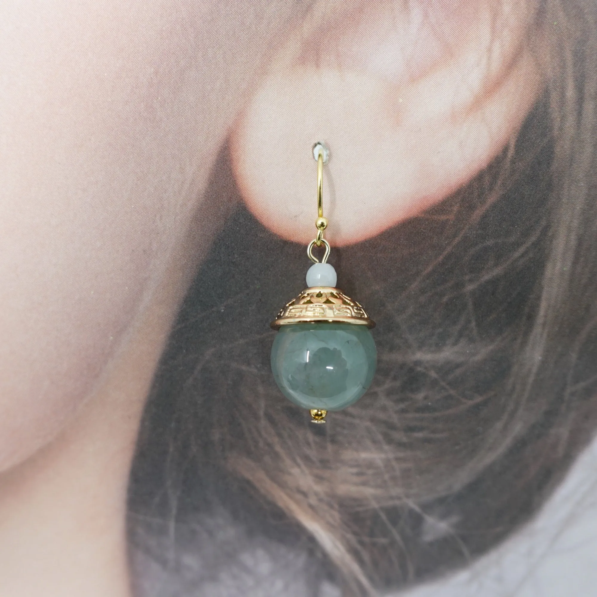 Gold Green Jadeite Earrings