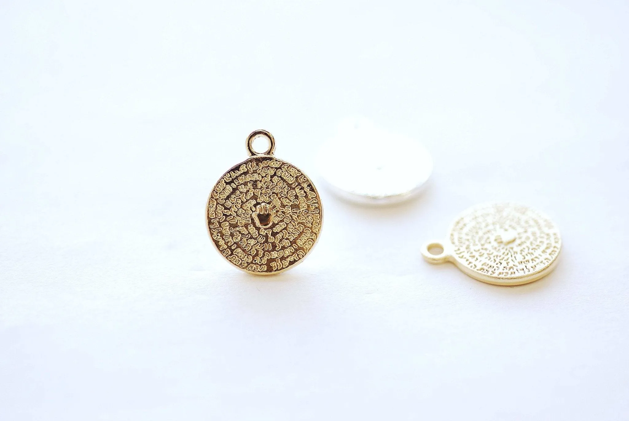 Gold Round Hamsa Hand Coin Medallion Pendant Charm - 18k Gold plated Zinc Alloy Round Circle Pendant, Protection Arabic Scripture