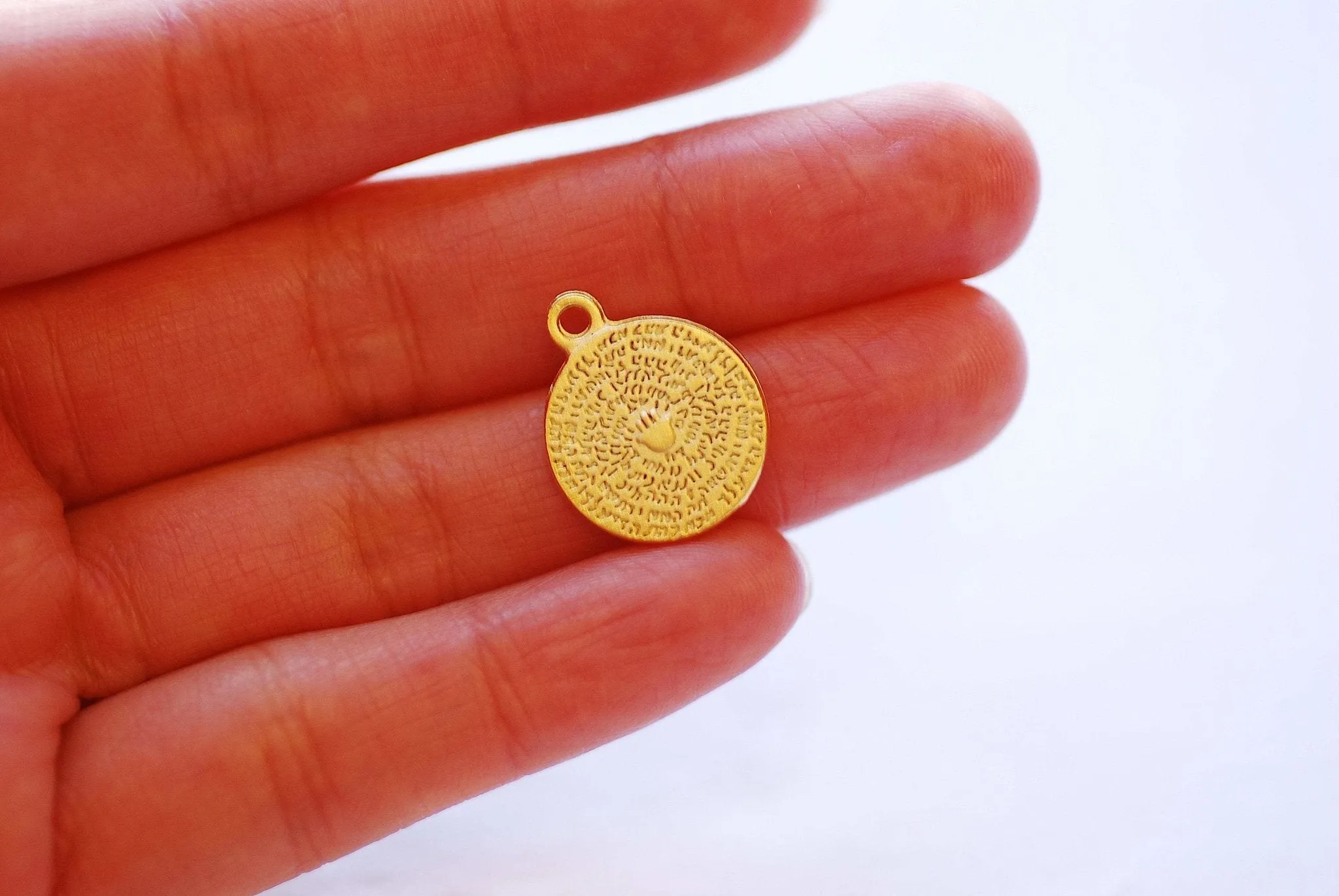 Gold Round Hamsa Hand Coin Medallion Pendant Charm - 18k Gold plated Zinc Alloy Round Circle Pendant, Protection Arabic Scripture