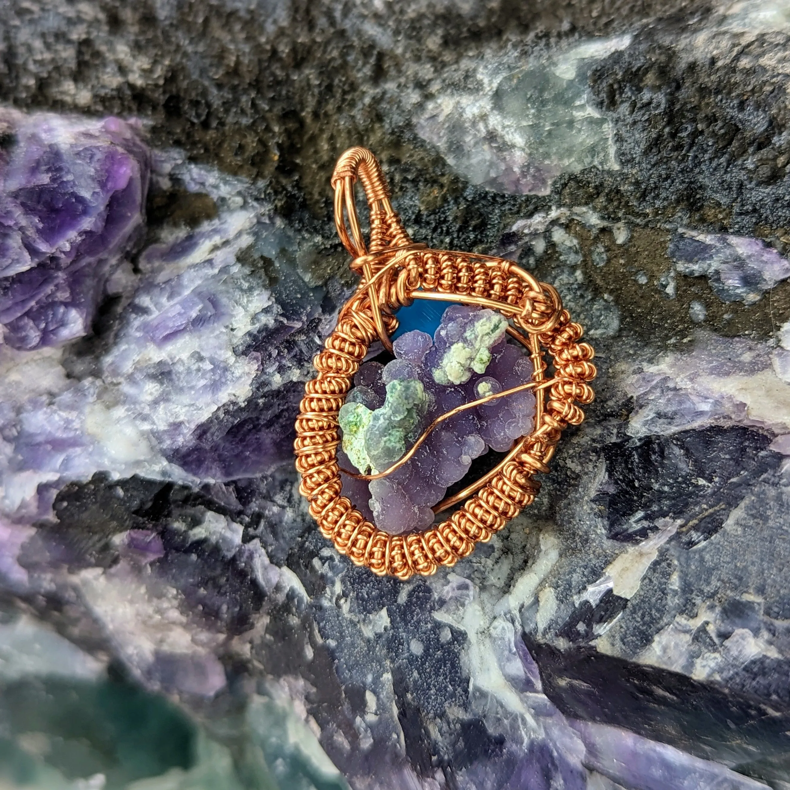 Grape Agate with Turquoise accents~ Copper Wire Wrapped Pendant~ Includes Chain