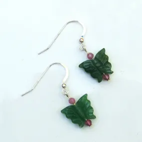 Green Aventurine butterflies, pink tourmaline, sterling silver drop earrings