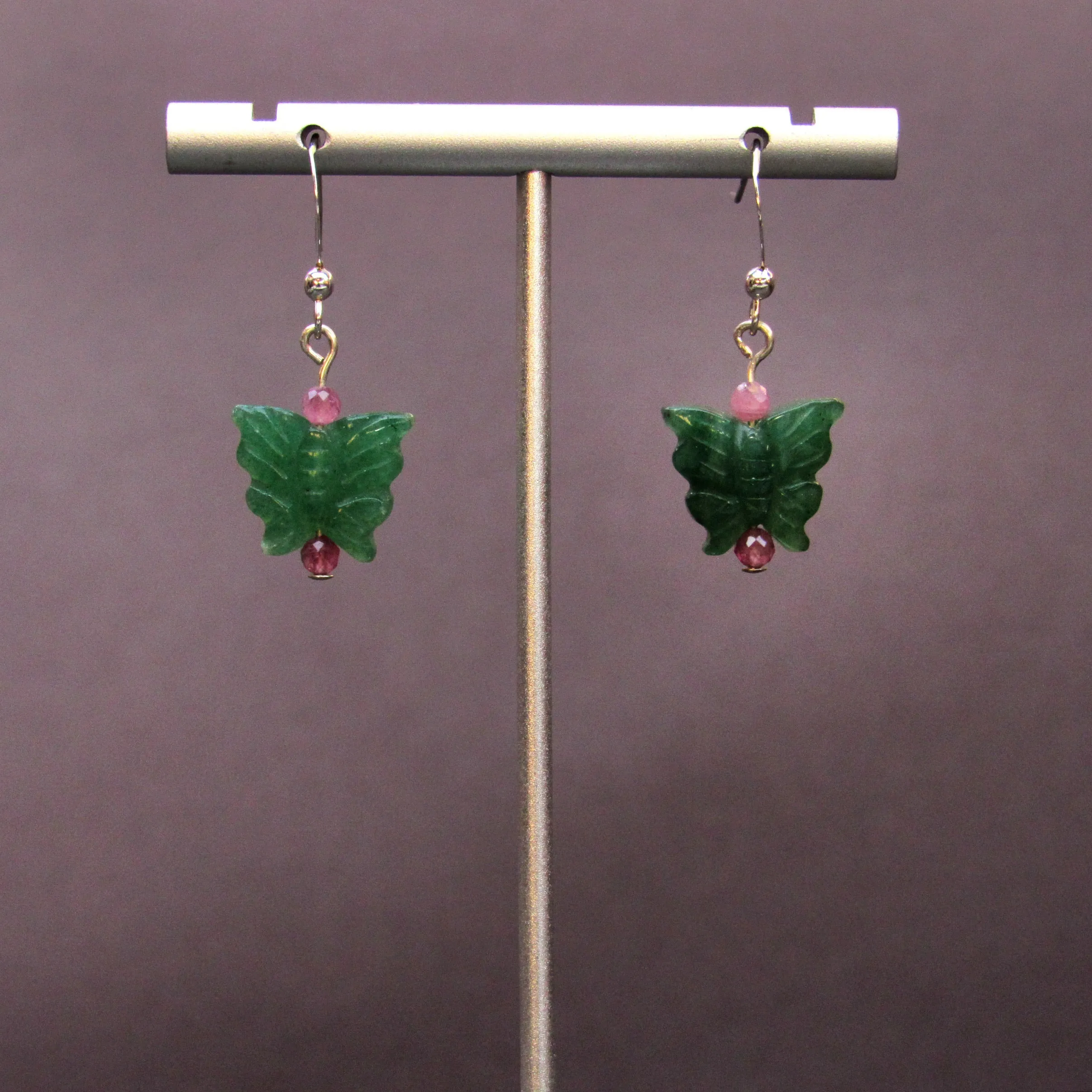 Green Aventurine butterflies, pink tourmaline, sterling silver drop earrings