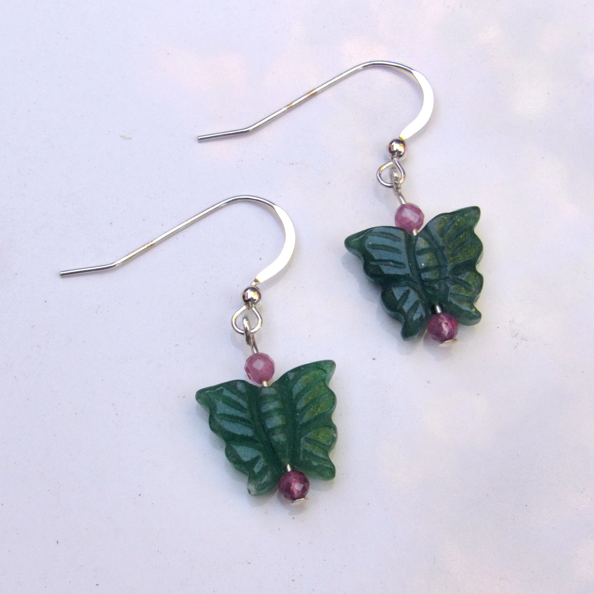 Green Aventurine butterflies, pink tourmaline, sterling silver drop earrings