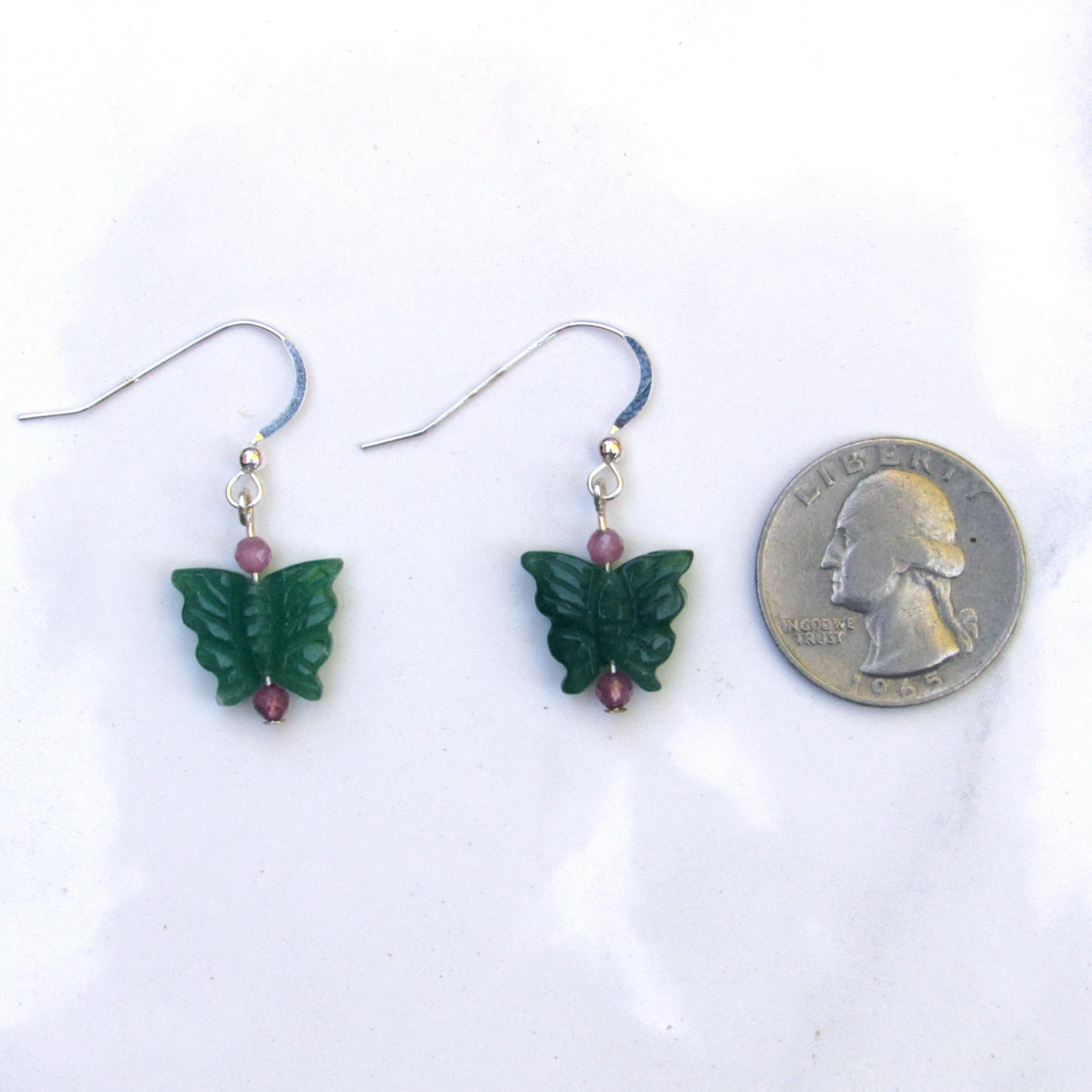 Green Aventurine butterflies, pink tourmaline, sterling silver drop earrings