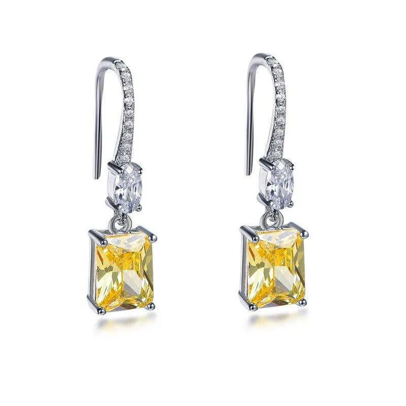 Halo Yellow Topaz Princess Cut Drop Earrings