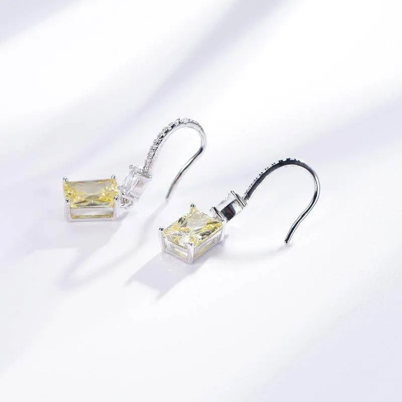 Halo Yellow Topaz Princess Cut Drop Earrings