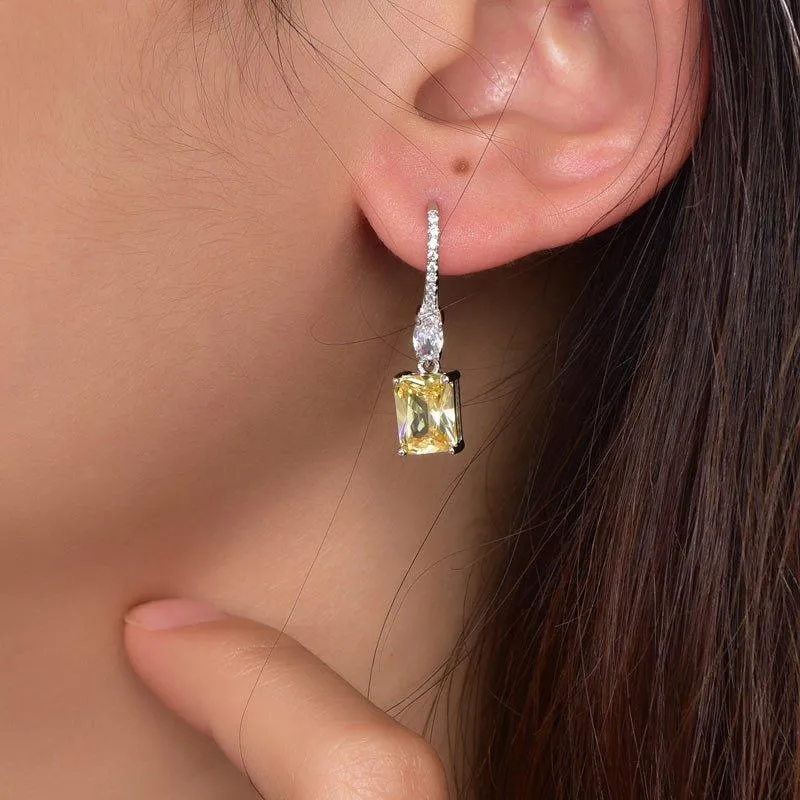 Halo Yellow Topaz Princess Cut Drop Earrings