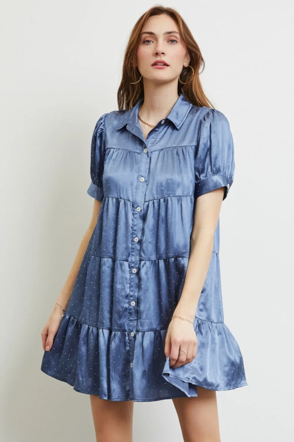 Heyson Tiered Beaded Satin Shirt Dress - Black or Blue - PREORDER