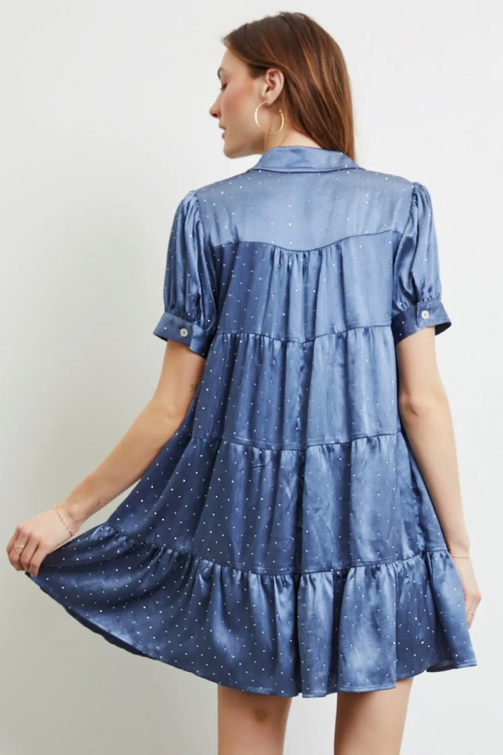 Heyson Tiered Beaded Satin Shirt Dress - Black or Blue - PREORDER