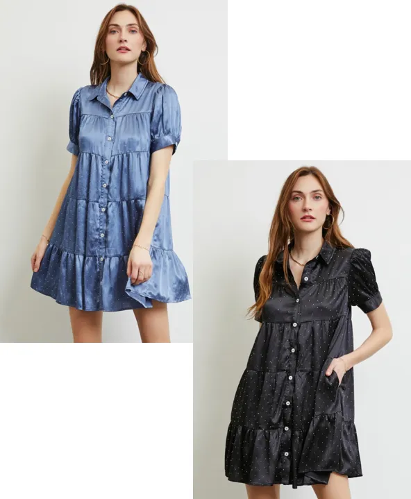 Heyson Tiered Beaded Satin Shirt Dress - Black or Blue - PREORDER