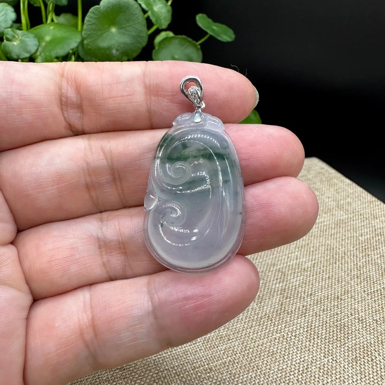 High end Genuine Burmese Ice Blue Jadeite RuYi Pendant with 18k White Gold Bail