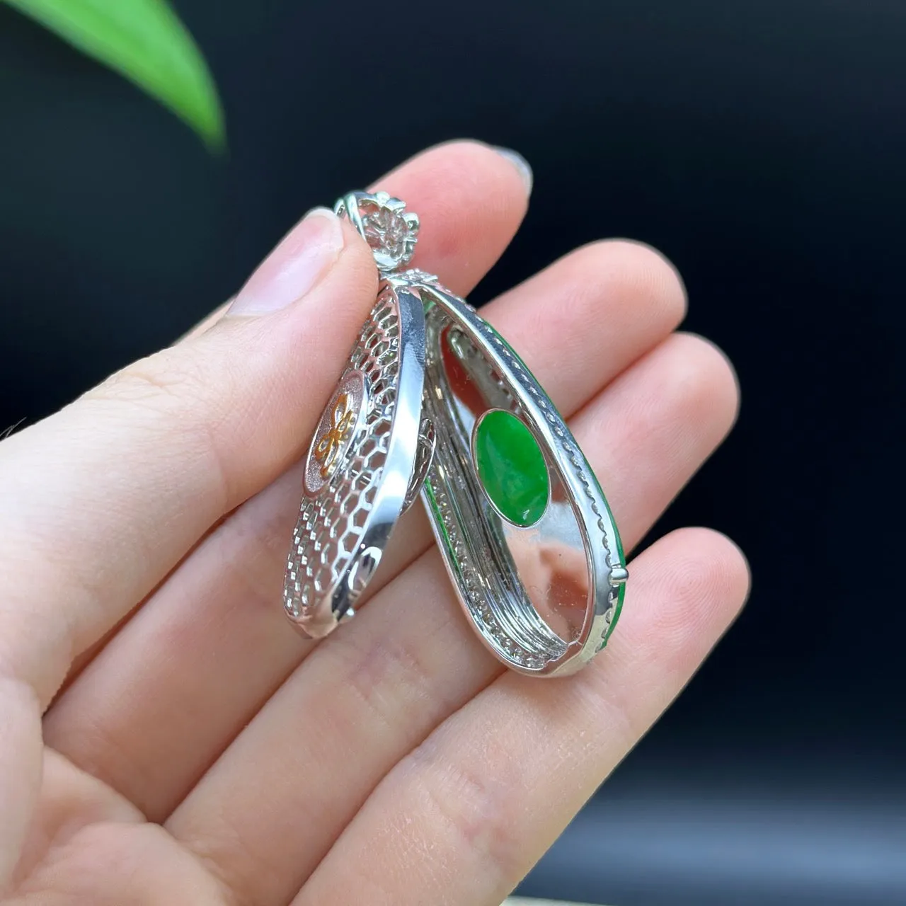 High end Genuine Burmese Ice Green Jadeite Pendant with 18k White Gold Bail