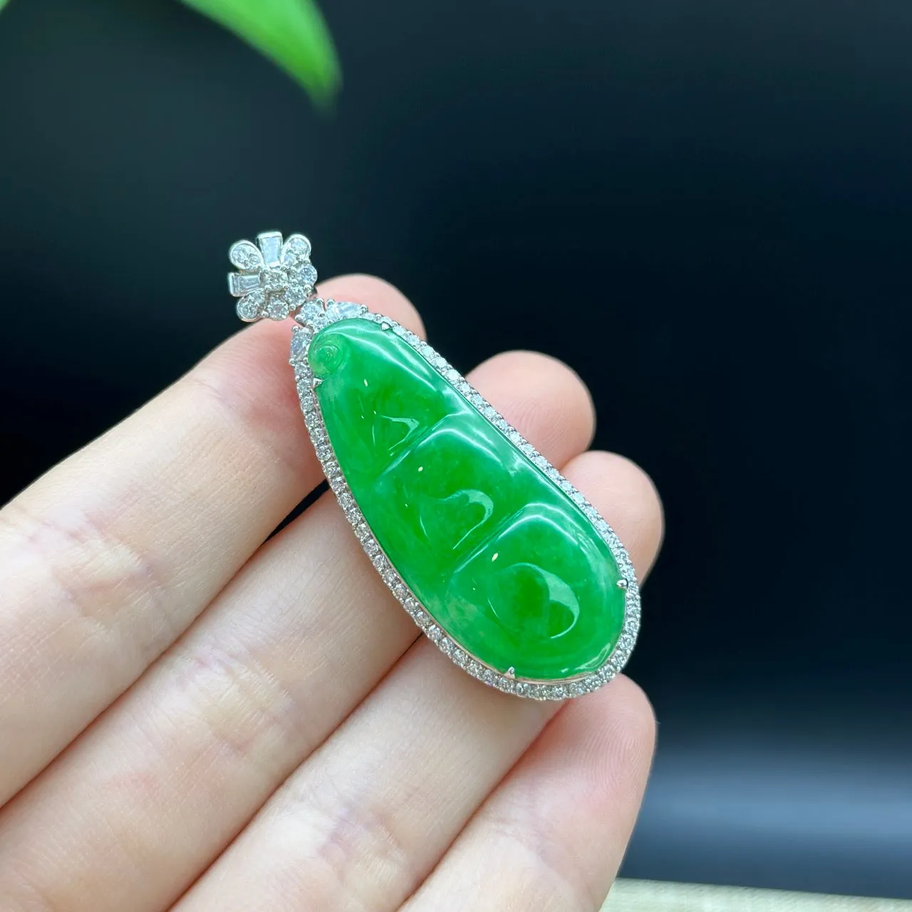 High end Genuine Burmese Ice Green Jadeite Pendant with 18k White Gold Bail