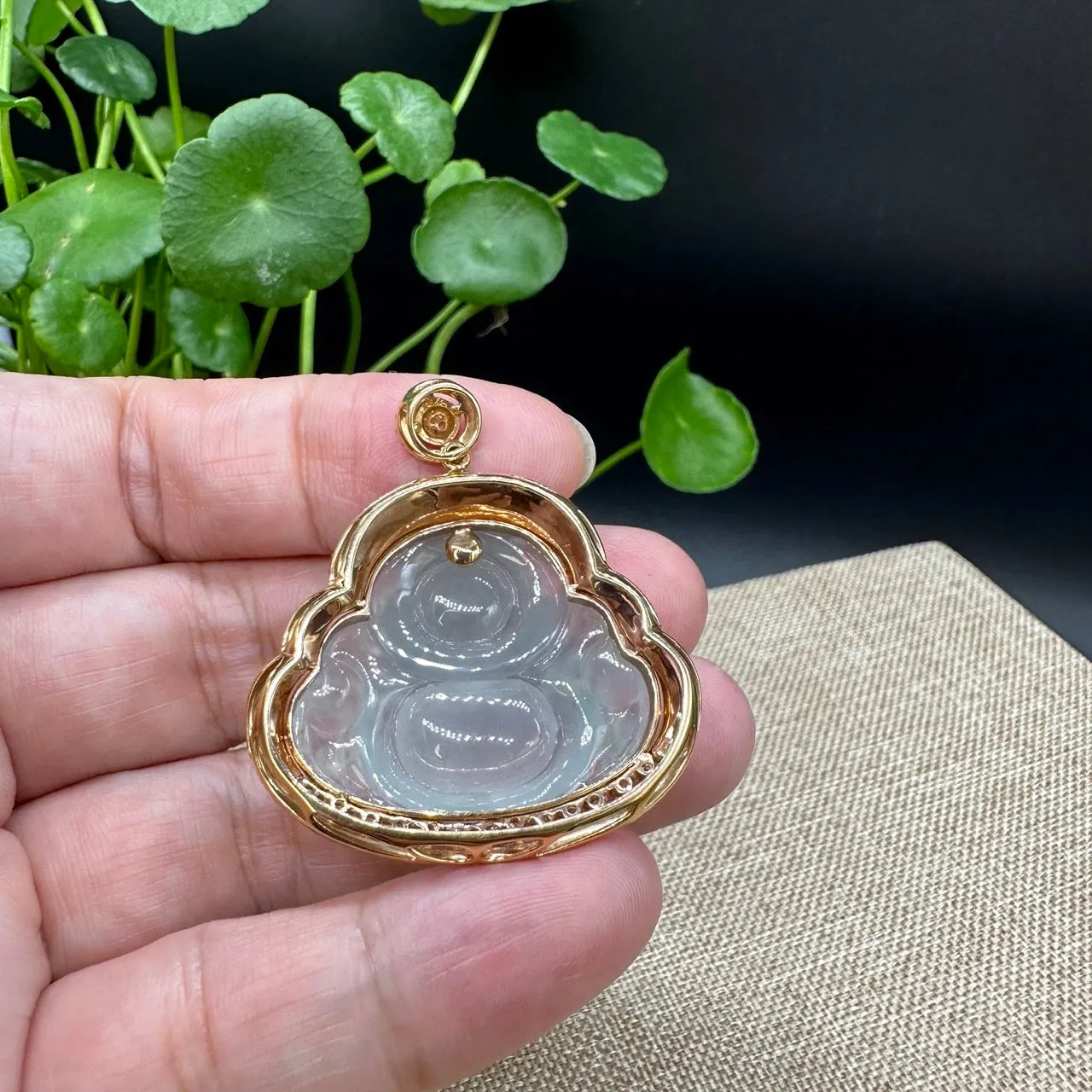 High end RealJade® "Laughing Buddha" 18k Yellow Gold Genuine Ice Jadeite Jade Pendant