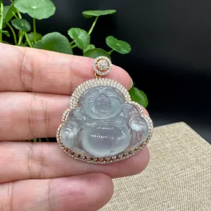 High end RealJade® "Laughing Buddha" 18k Yellow Gold Genuine Ice Jadeite Jade Pendant