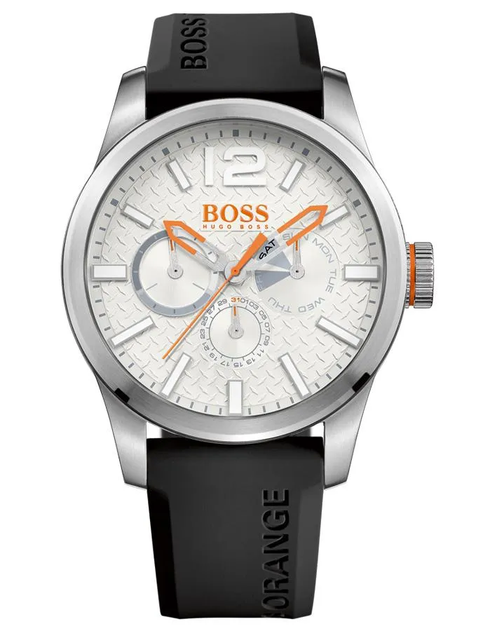 Hugo Boss Orange Paris Mens Watch - Black Strap - White Textured Dial - Day/Date