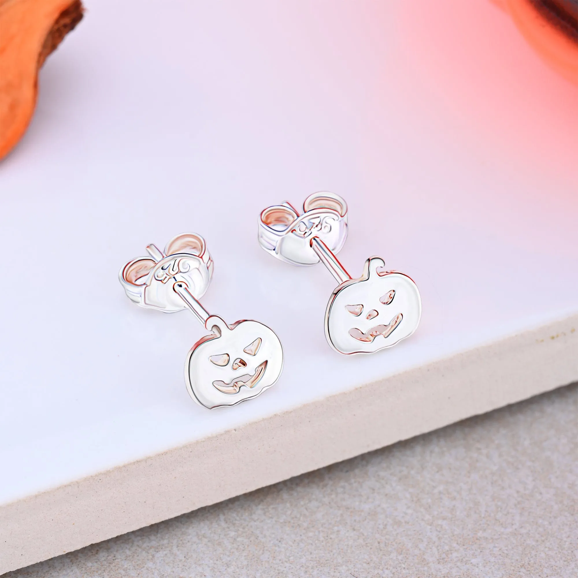 Jack-o-Lantern Pumpkin Stud Earrings Sterling Silver