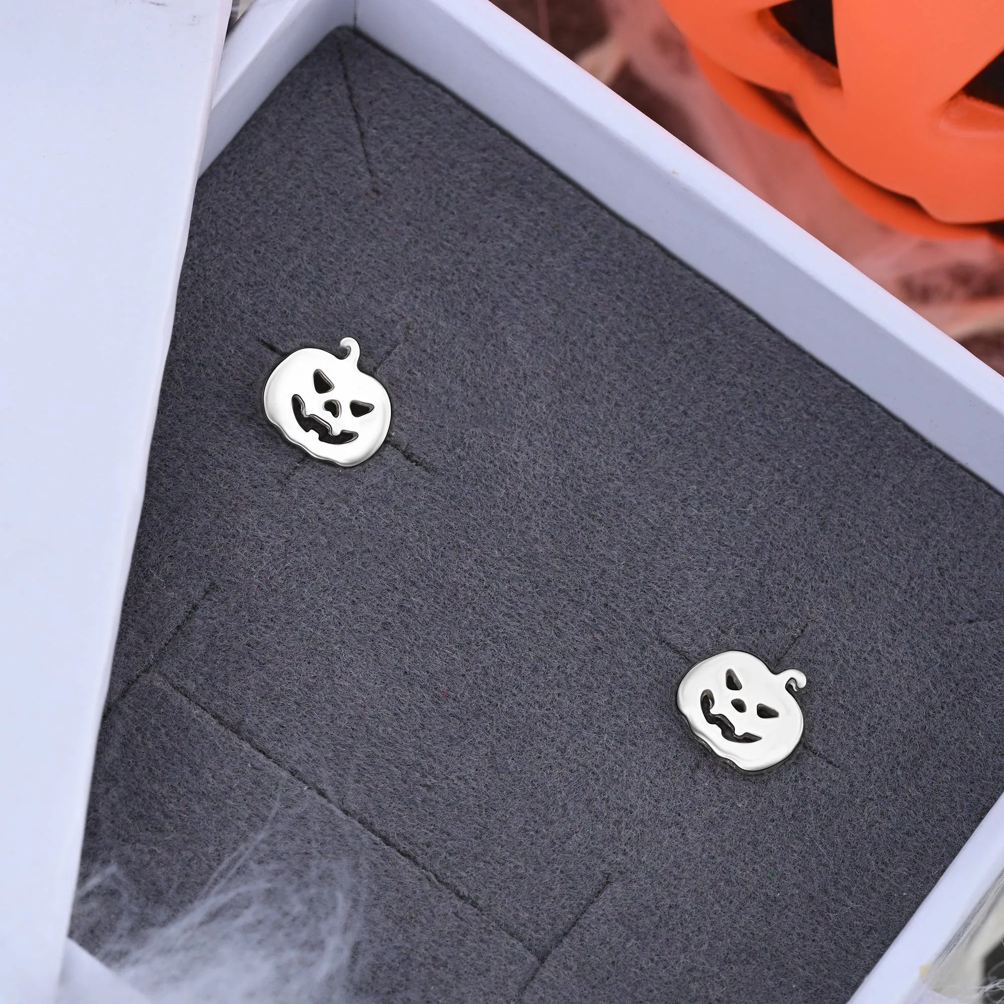 Jack-o-Lantern Pumpkin Stud Earrings Sterling Silver