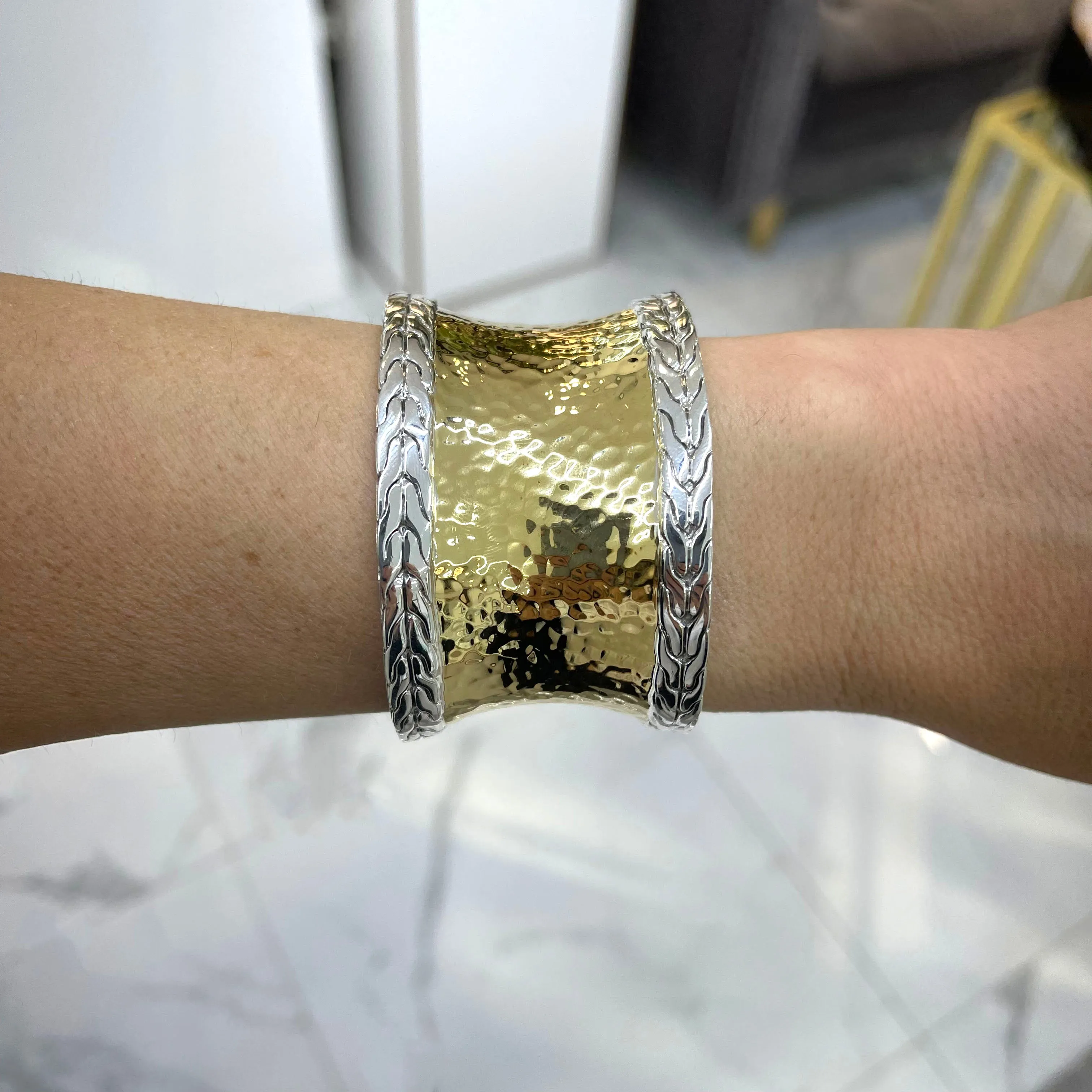 John Hardy Retired 22K Yellow Gold & 925 Sterling Silver Two Tone Palu Hammered Cuff Bracelet