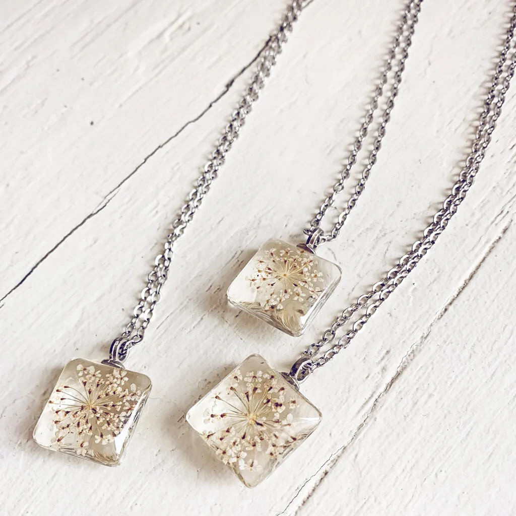 Lace Flower // square pressed queen anne lace flower glass pendant necklace