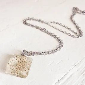 Lace Flower // square pressed queen anne lace flower glass pendant necklace