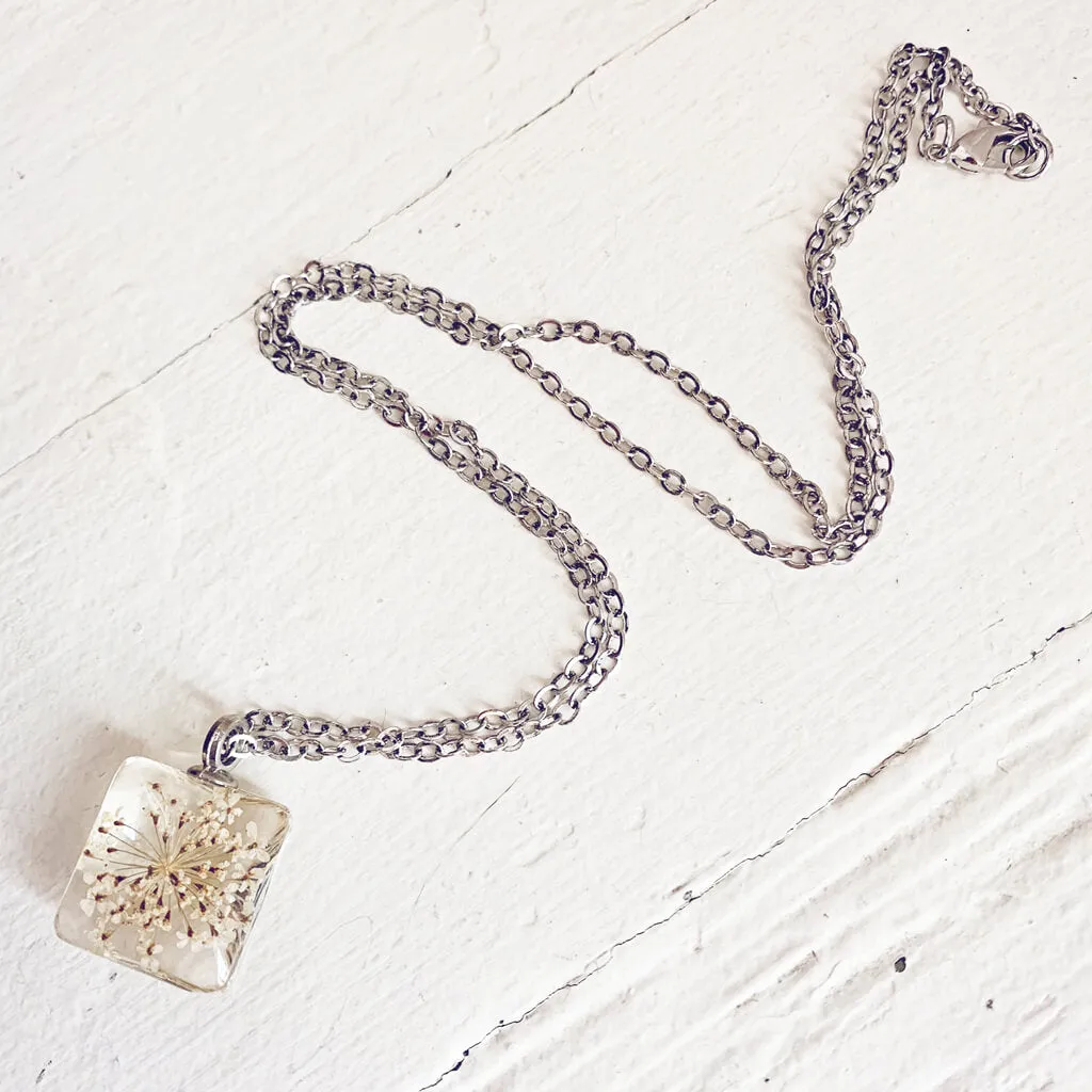 Lace Flower // square pressed queen anne lace flower glass pendant necklace