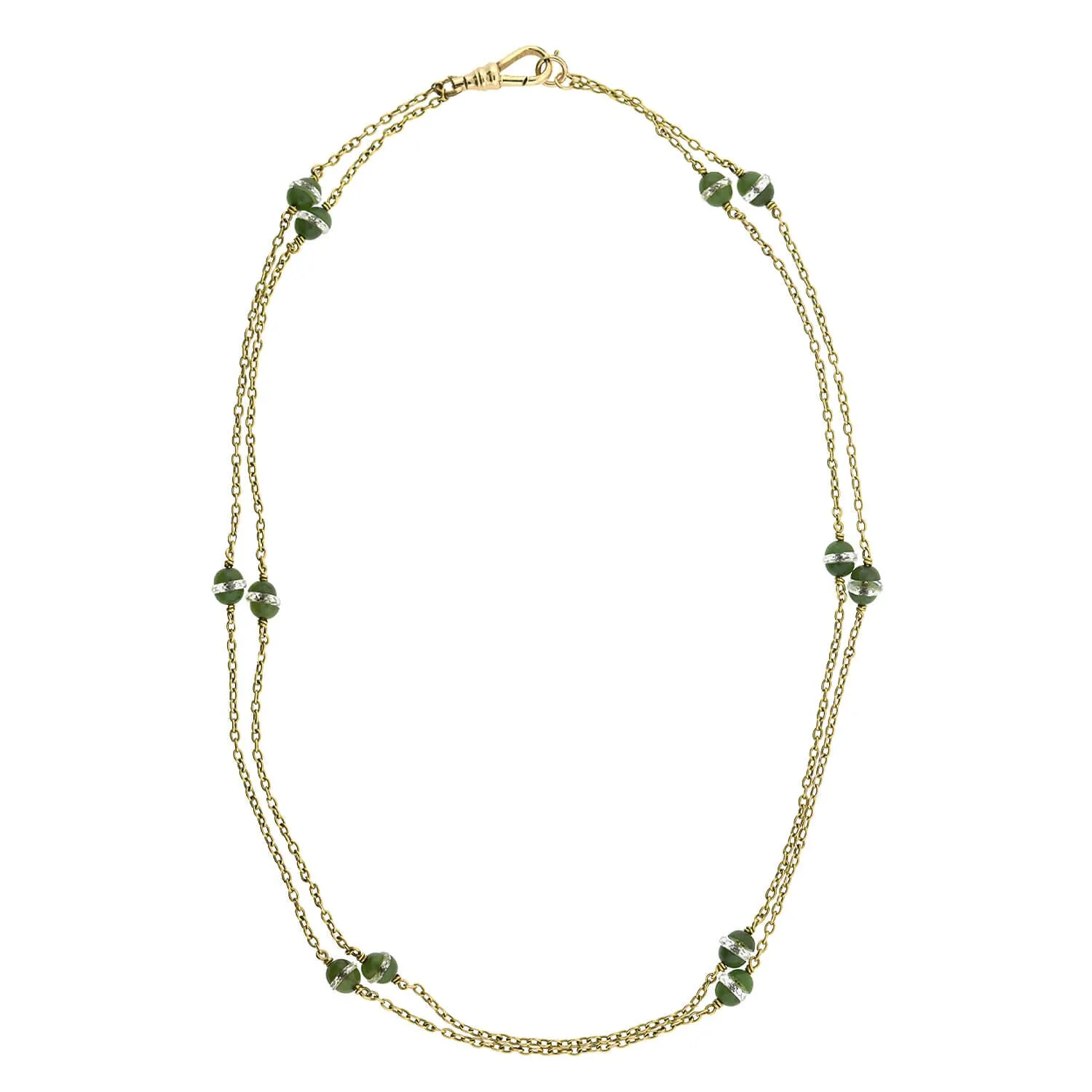 Late Victorian 14kt Rock Quartz Crystal   Jade Chain Necklace