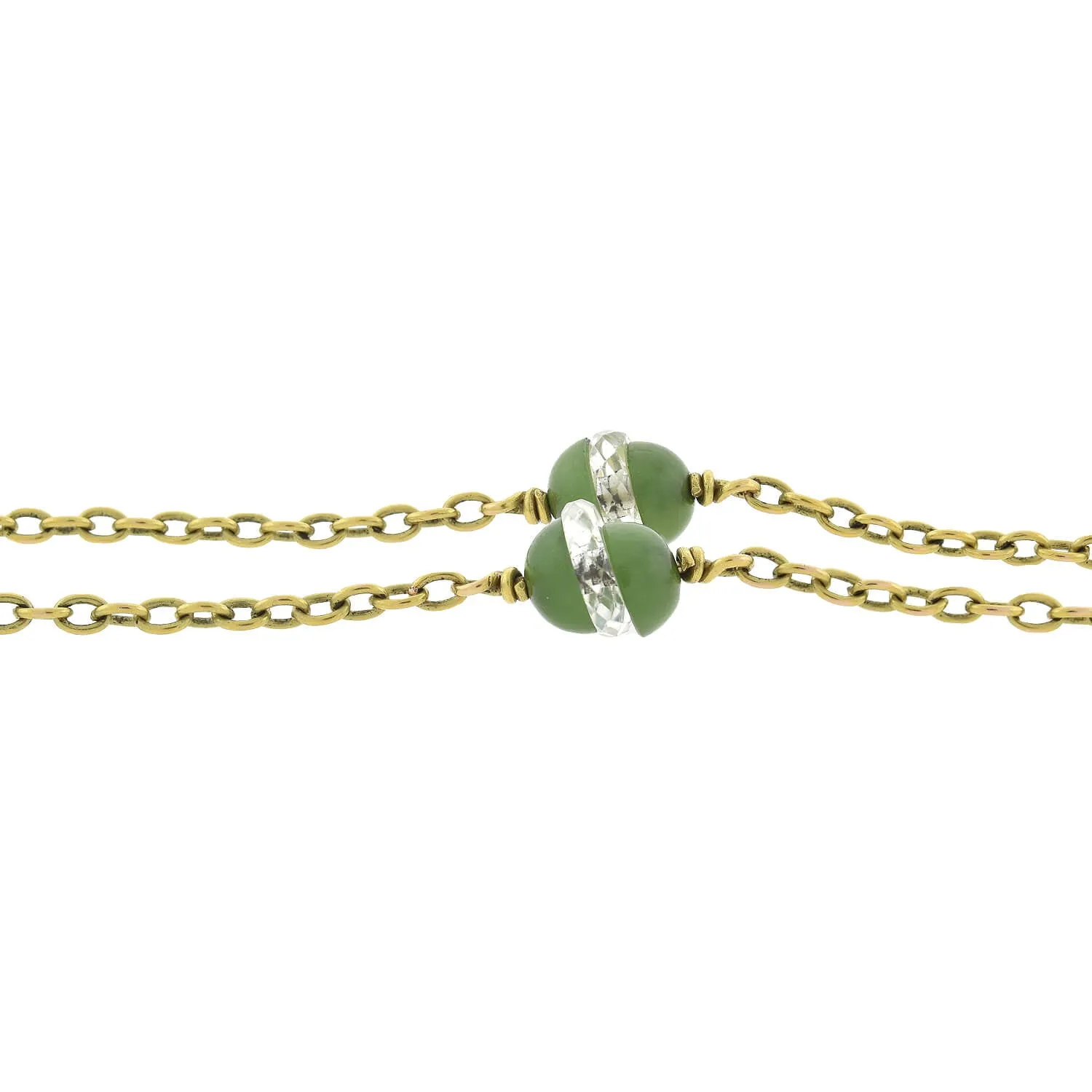 Late Victorian 14kt Rock Quartz Crystal   Jade Chain Necklace