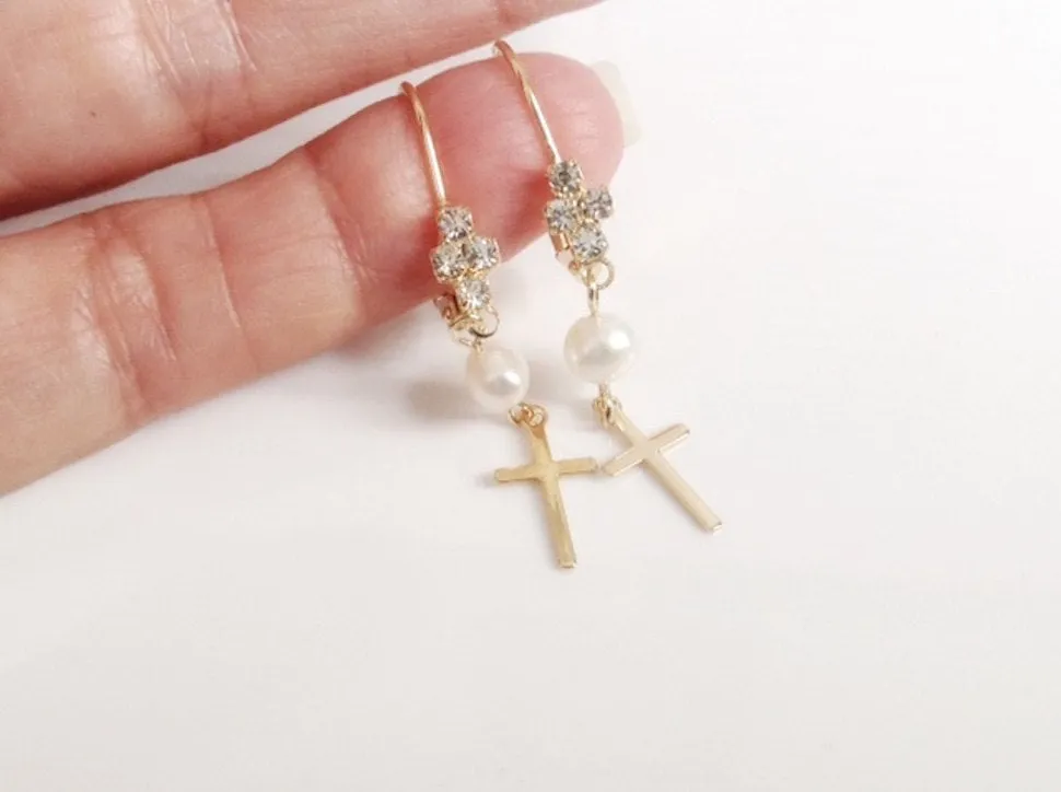 Leverback Pearl Earrings, Rhinestone Pearl Cross Earrings, Bridal Earrings, Wedding Earrings, Bridal Jewelry, Gold Lever Back Earrings