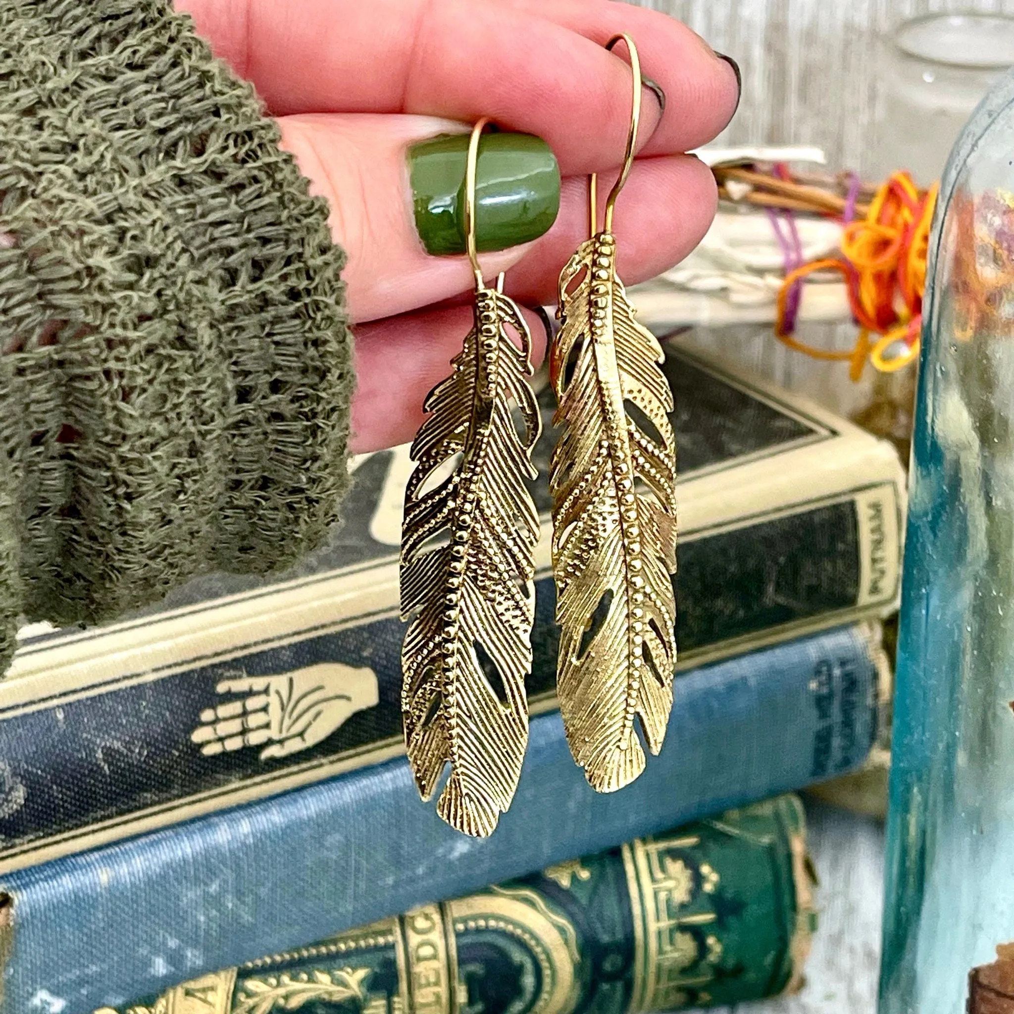 Long Large Brass Feather Earrings