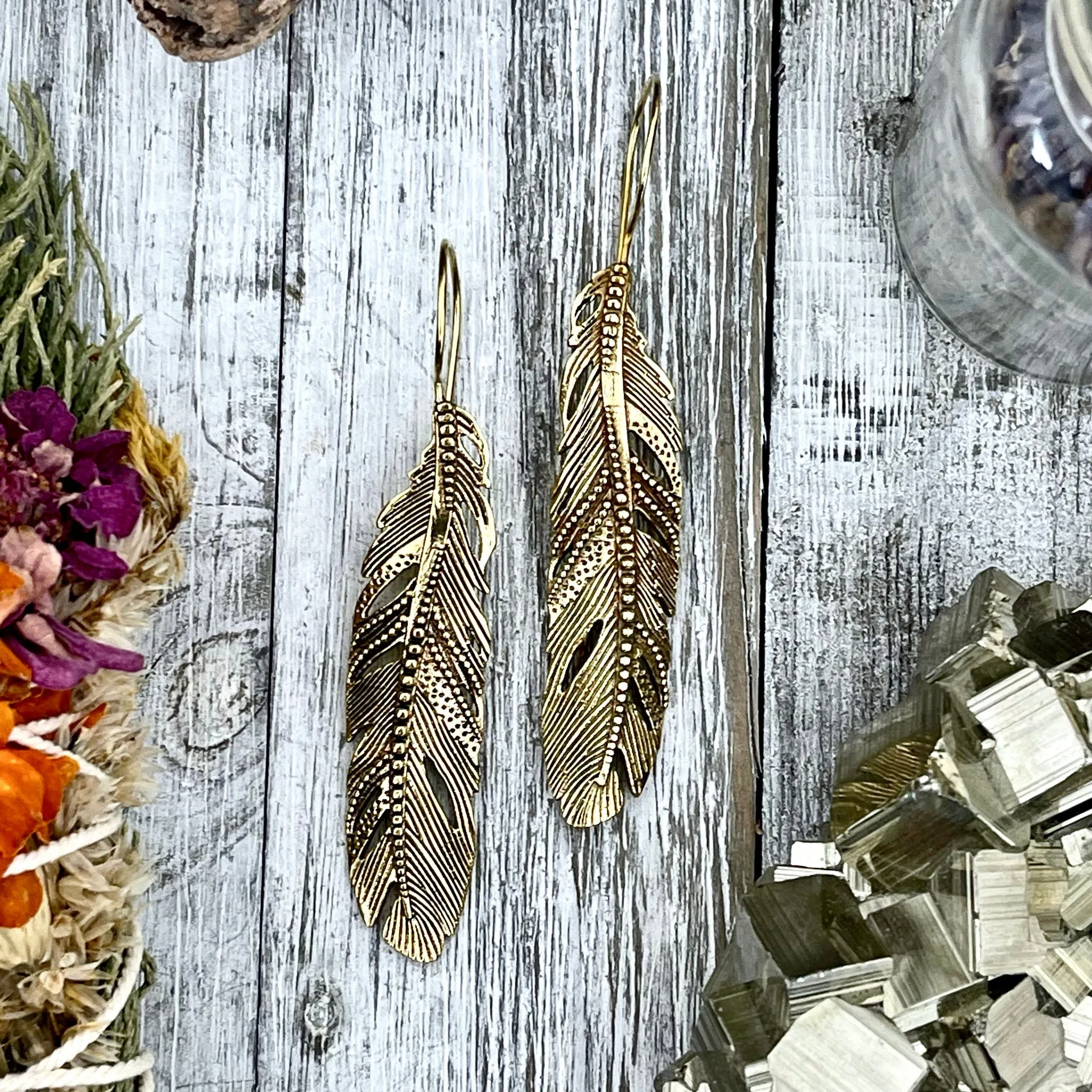 Long Large Brass Feather Earrings