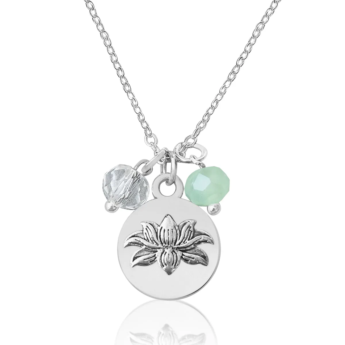 Lotus Charm Necklace with Ocean Green Foam and Clear Crystals for awakening to the spiritual reality of life