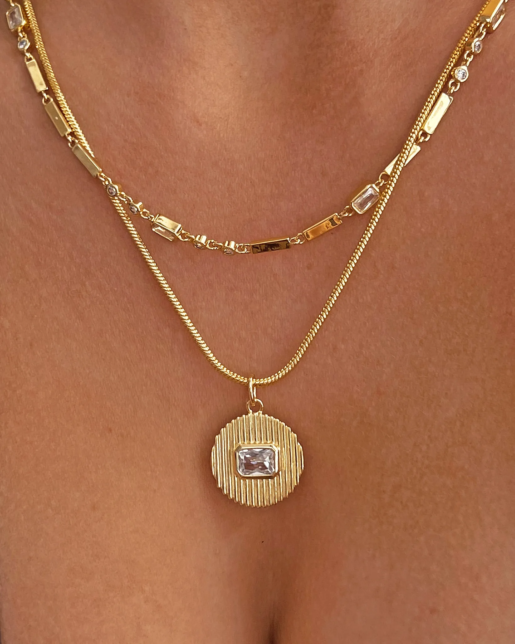 Luv Aj Le Signe Round Pendant Necklace with Bezet Set CZ in Gold Plated