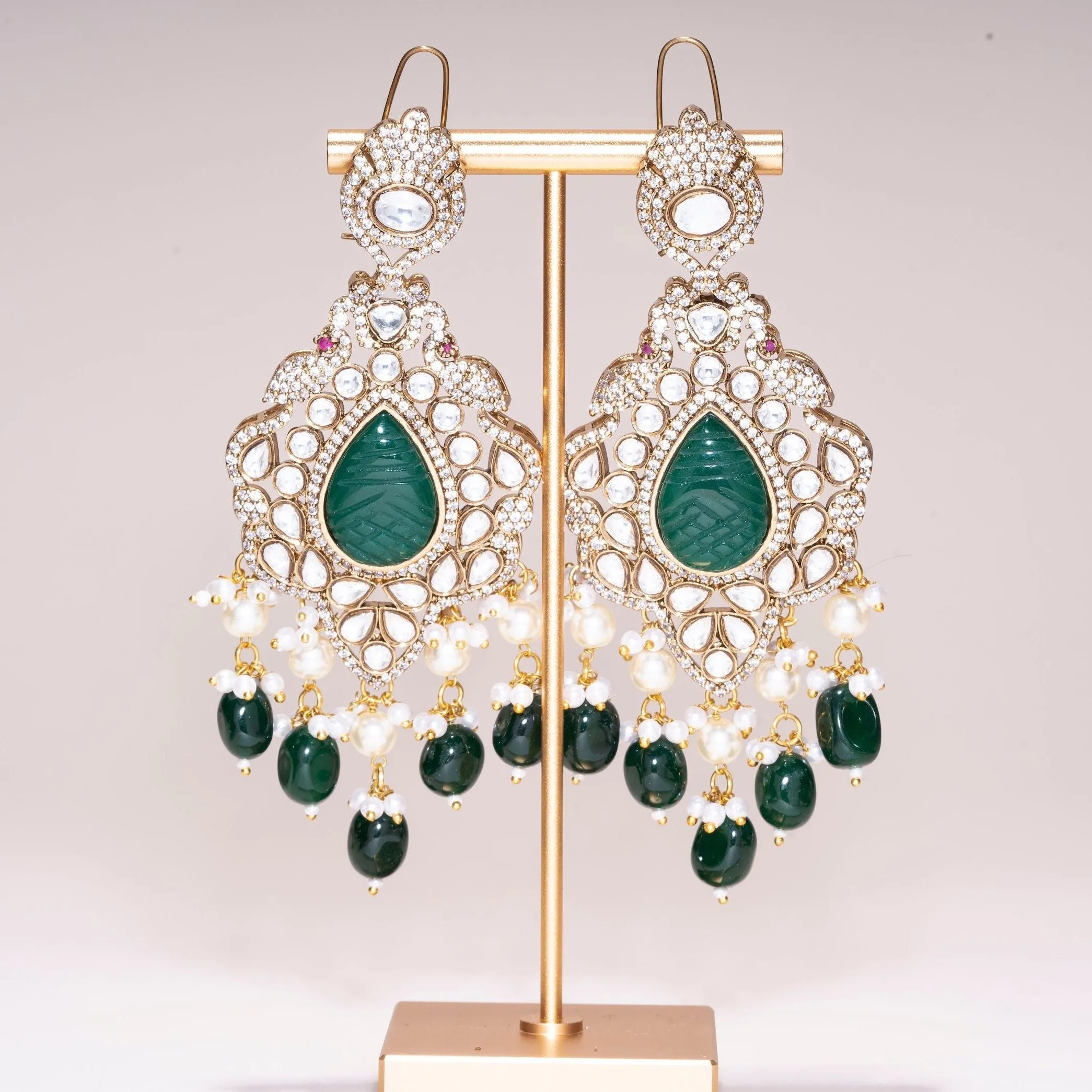 Madhubala Green Yellow Gold Statement Moissanite Indian Jewelry Earrings - Jaipur Rose Modern Luxury Designer Indian Jewelry