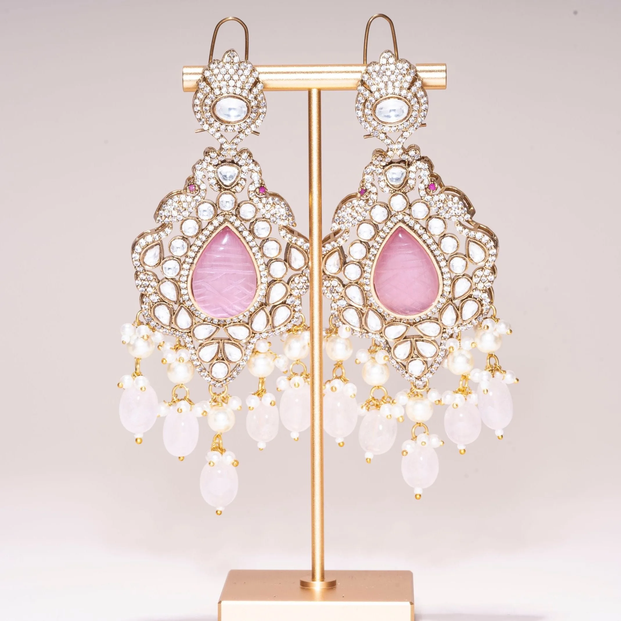 Madhubala Pink Yellow Gold Statement  Moissanite Indian Jewelry Earrings- Jaipur Rose Modern Luxury Designer Indian Jewelry