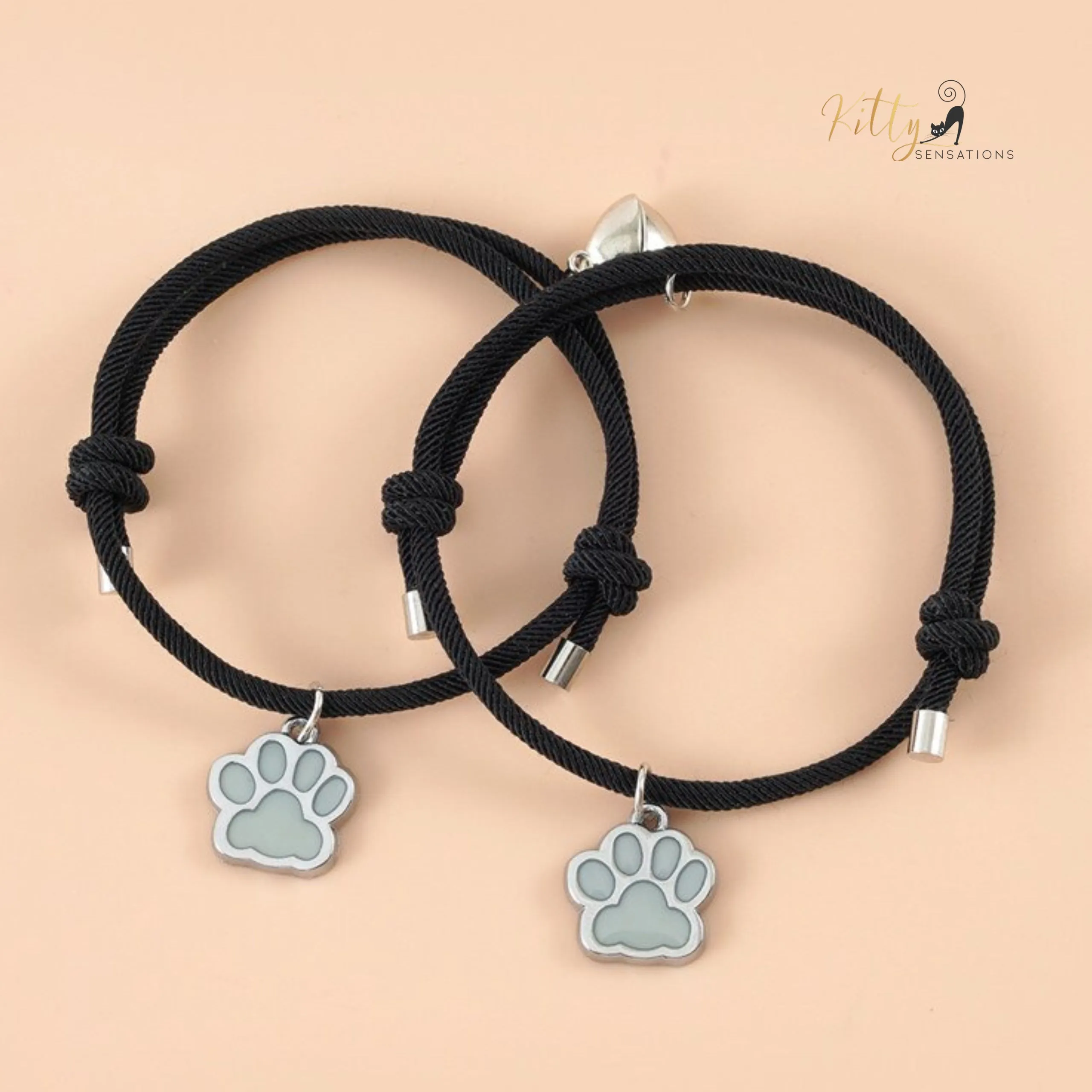 Magnetic Heart, Glow-In-The-Dark, Cat Paw, Couple/Friends Bracelet Set (Au Pair) - 925 Silver Plated - Adjustable Size