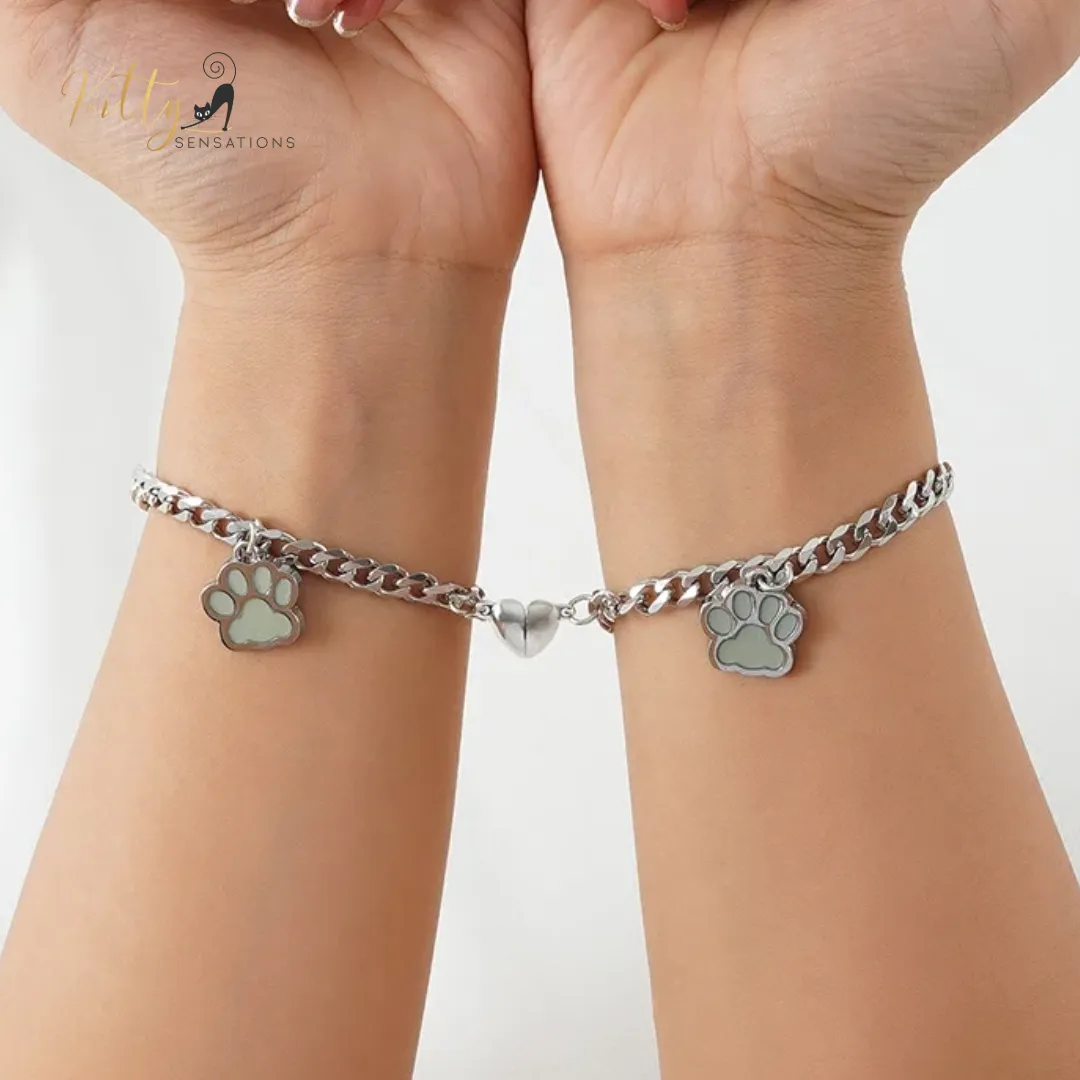 Magnetic Heart, Glow-In-The-Dark, Cat Paw, Couple/Friends Bracelet Set (Au Pair) - 925 Silver Plated - Adjustable Size