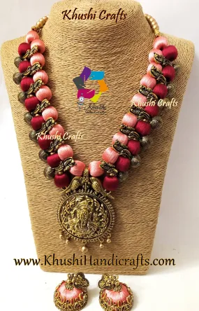 Maroon Peach Silk Thread Jewelry Set with Kolhapuri beads and Ganesha Pendant!