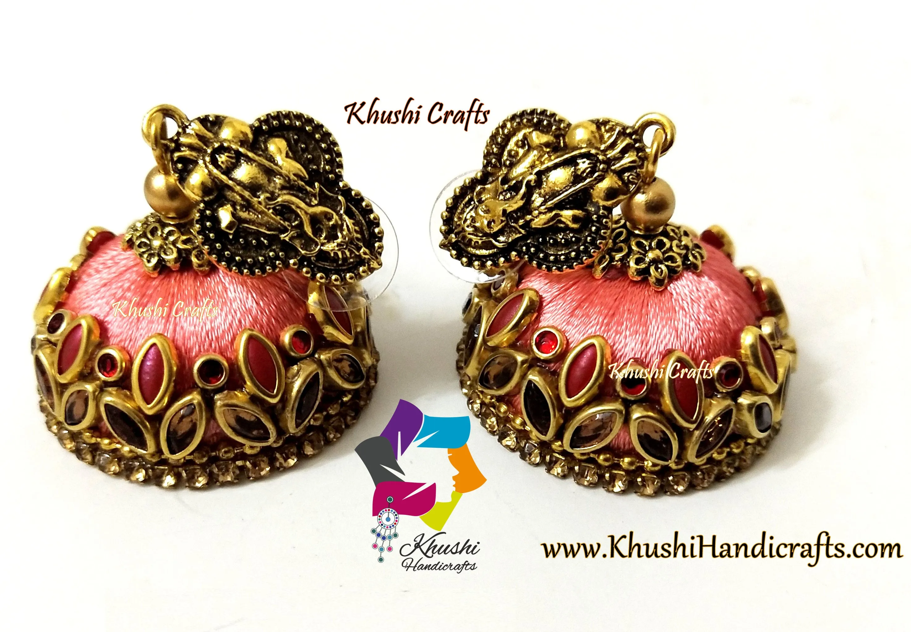 Maroon Peach Silk Thread Jewelry Set with Kolhapuri beads and Ganesha Pendant!