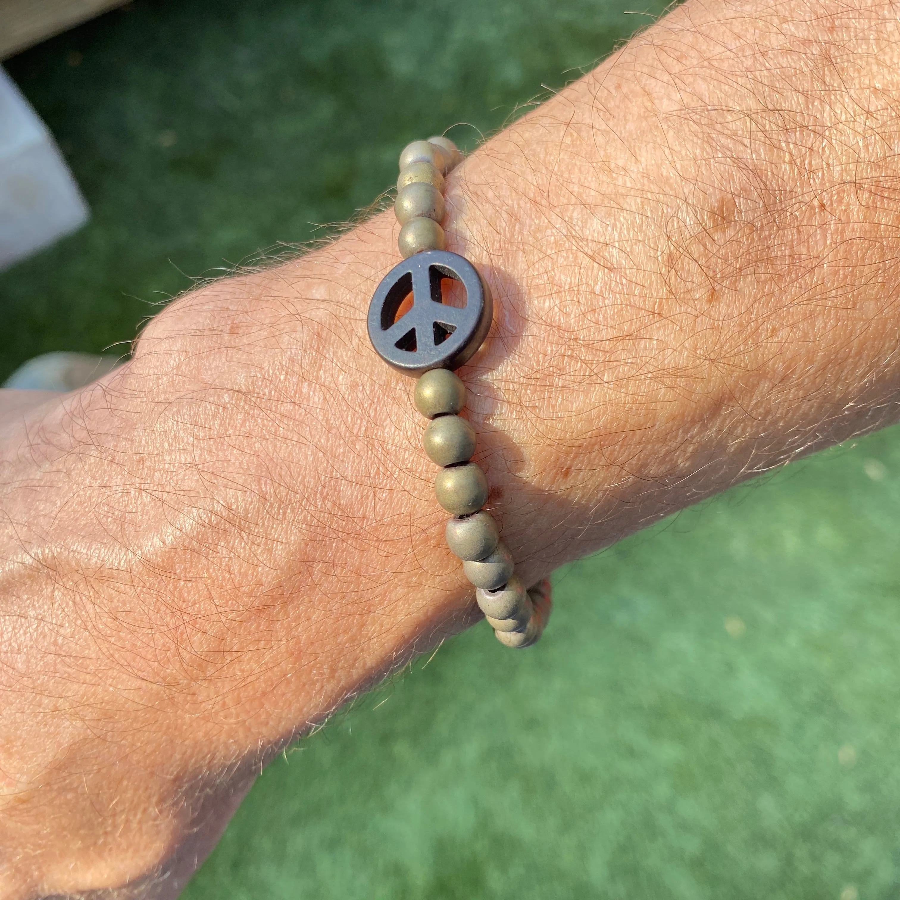 Men’s Matte Gold Hematite “Vote” With Howlite Peace Sign