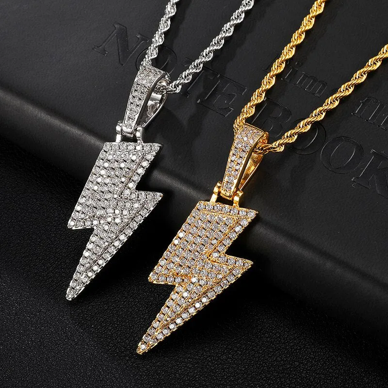 Micro-Paved Cubic-Zirconia-Studded Lightning Bling Hip-hop Pendant Necklace