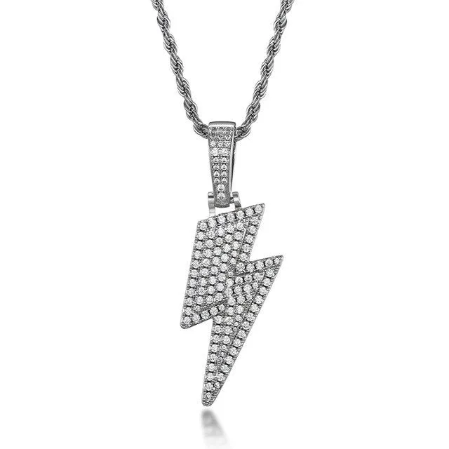 Micro-Paved Cubic-Zirconia-Studded Lightning Bling Hip-hop Pendant Necklace